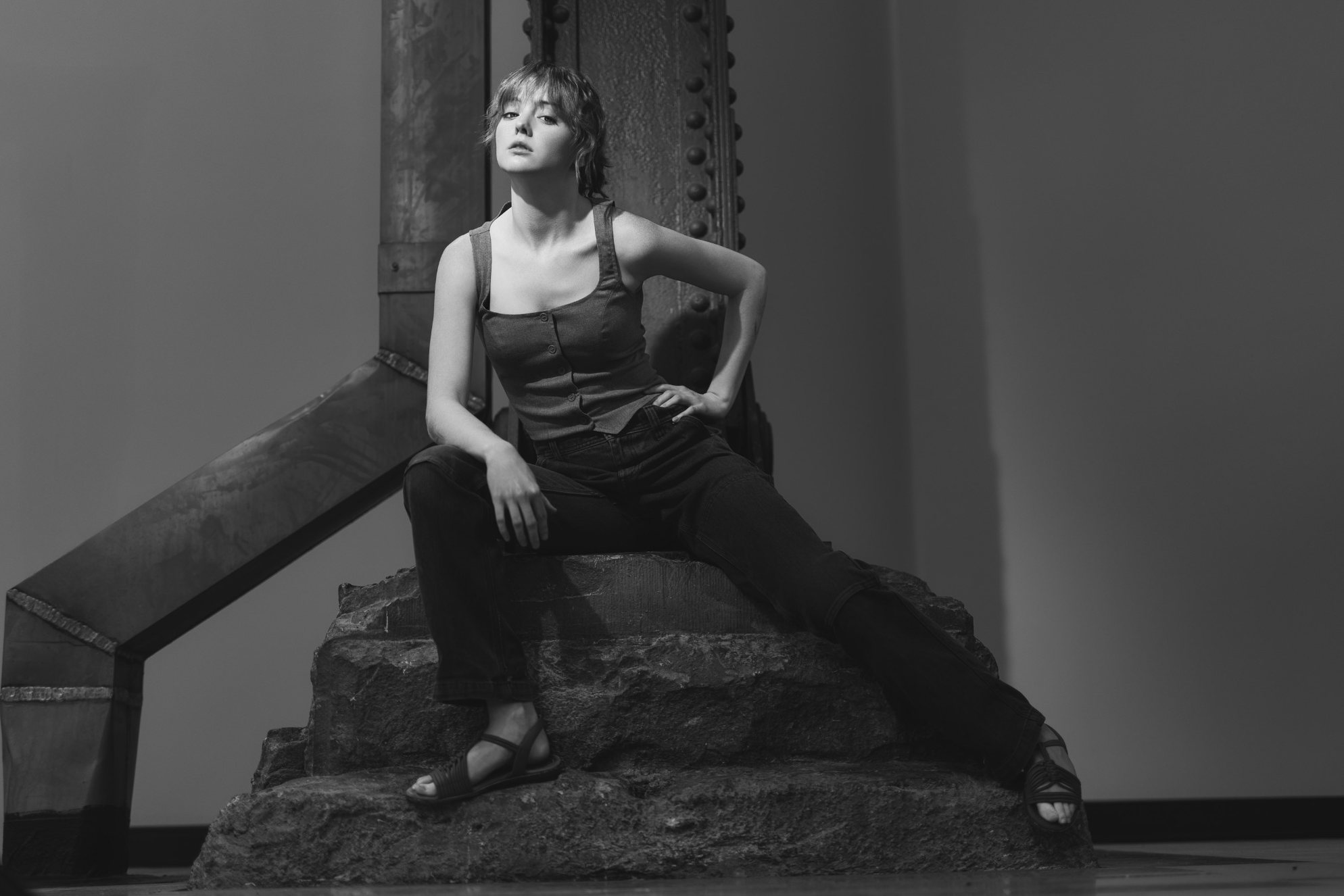 Black and white senior portrait on stone steps — editorial senior portraits, Michiana
