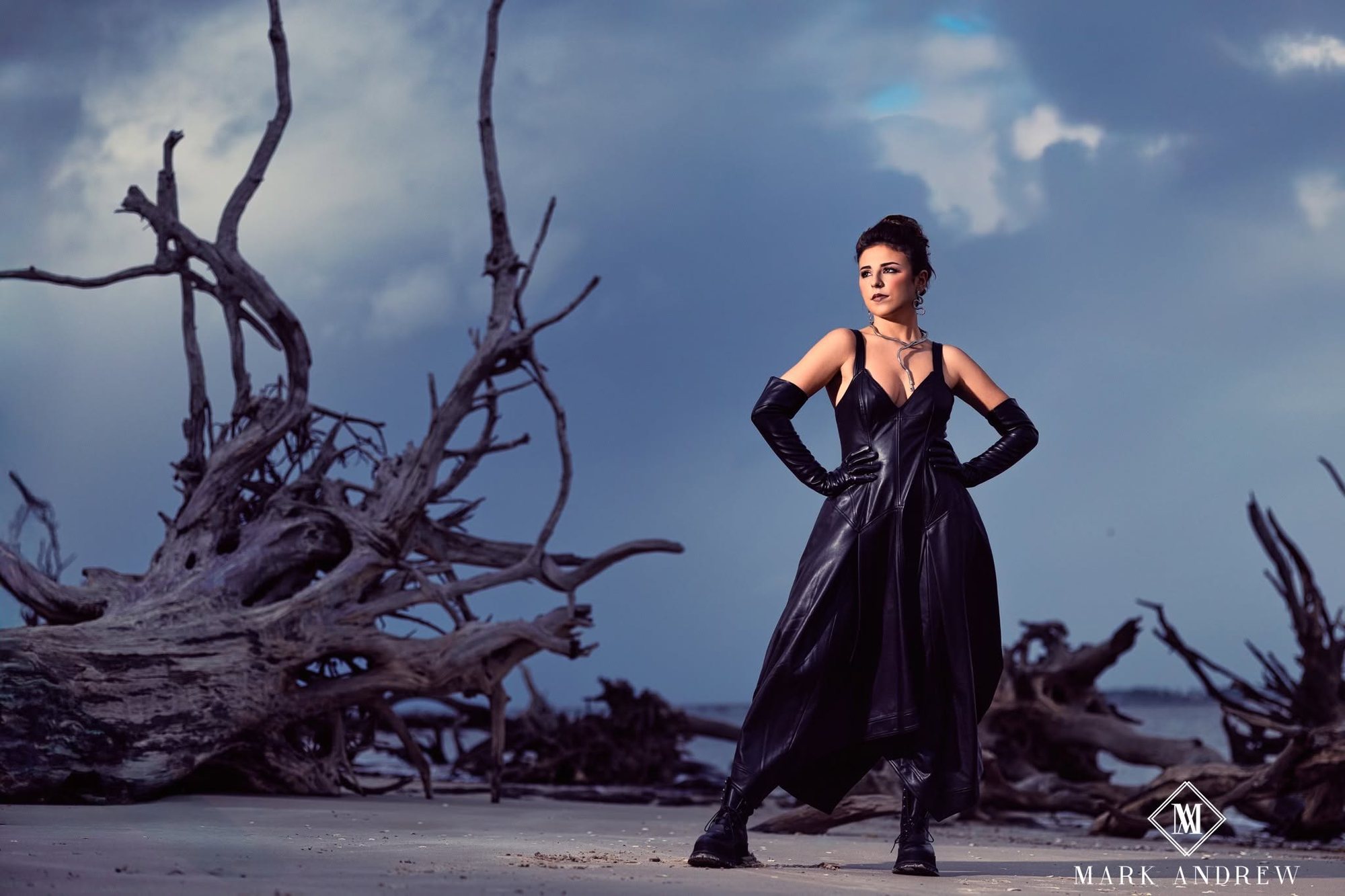 Senior girl in a black satin gown on driftwood in a power pose — editorial senior portraits