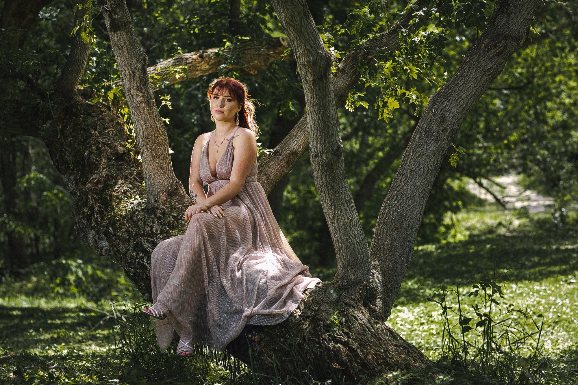 Senior girl in a blush gown seated on an oak tree — a planned Wow look
