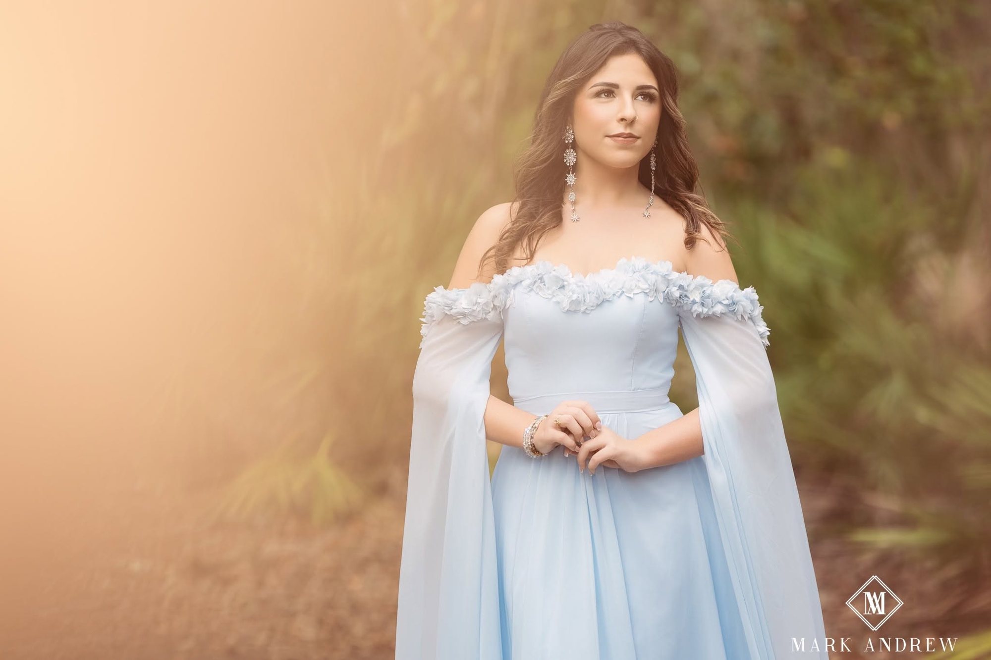 Senior girl in a powder blue gown with a cape in golden haze — senior portraits, South Bend, Indiana