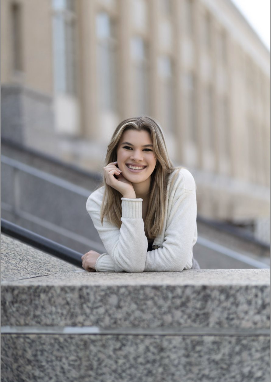 Senior girl in a white sweater on a stone ledge — senior pictures, Granger, Indiana